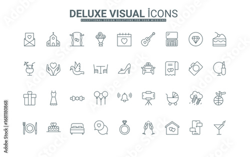 Bride and groom clothes, rings, marriage contract, church thin black outline symbols vector illustration. Wedding event celebration, ceremony, banquet, fun party line icons set.