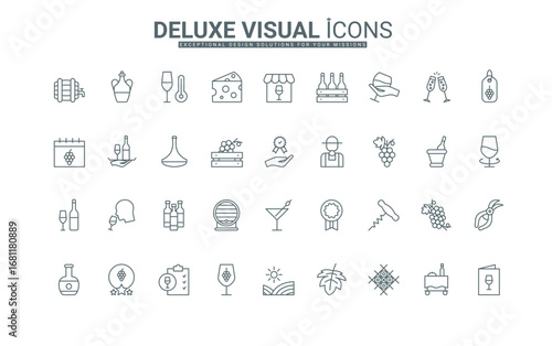 Grapes growth in vineyard, restaurant menu, temperature in cellar, wineglass thin black outline symbols vector illustration. Wine testing and alcohol drink storage, winery line icons set.
