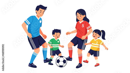Family on the Field: A vibrant illustration captures a family enthusiastically playing soccer, embodying the joy of sport, bonding, and healthy recreation.