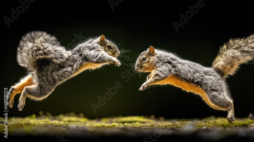 Two squirrels leap at each other on a mossy surface against a dark backdrop