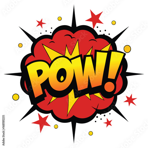 Retro comic book style explosion with the word pow in bold yellow lettering against a red speech bubble and starburst effect