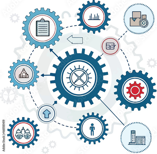 Business Process Management Infographic with Gear Mechanism and Workflow Icons