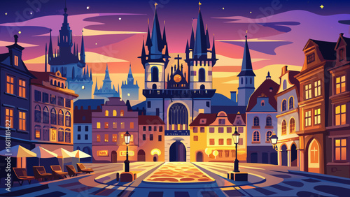 Prague’s Old Town Square, Czech Republic, glimmers with Gothic towers, astronomical clock, and cobblestone patterns. Evening lanterns illuminate facades; semi-realistic flat vector capturing vibrant d