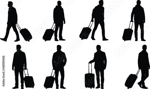 Silhouettes of men walking with luggage, travel concept, business trip illustration, travelers isolated on white background, airport journey scene