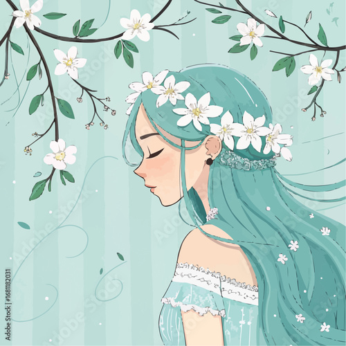 Soft pastel anime vector of young woman with aquamarine hair and floral background