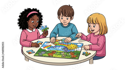 Collaborative Jigsaw Puzzle: A group of children, engrossed in the collective task of assembling a vibrant jigsaw puzzle, share a moment of focused teamwork and innocent joy. 