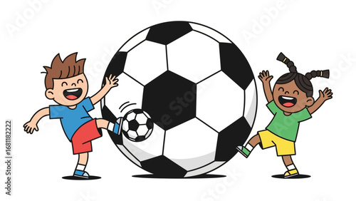 Children's Football Fun: Two young children revel in the pure joy of football, playfully kicking a smaller ball, with a giant football as a backdrop.