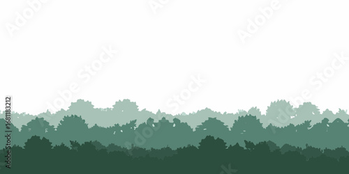 Layered green forest silhouette against a white sky