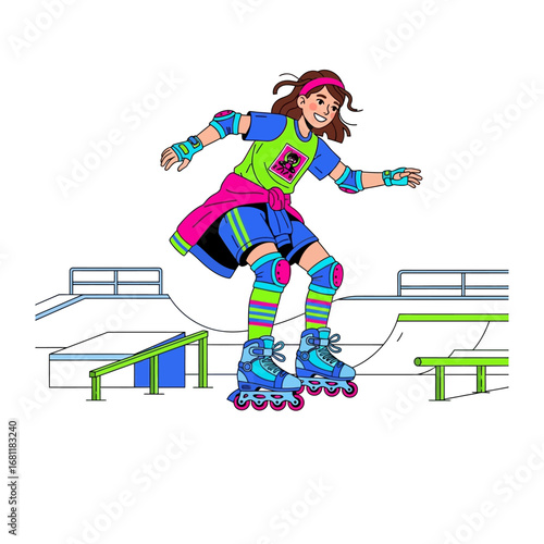 Roller Skating in Action: A vibrant illustration capturing a young person skillfully roller skating on a skate park ramp, full of energy and enthusiasm, personifies fun, movement, and freedom.