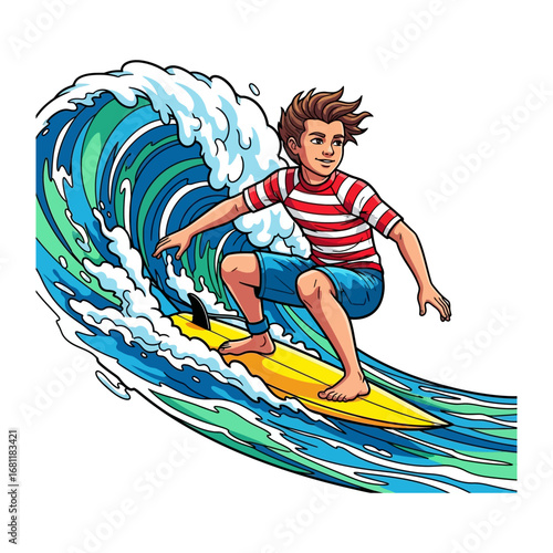 Riding the Wave: A young man carves through a monumental wave on his surfboard. Captured in vibrant vector graphics, his silhouette exudes power and grace.