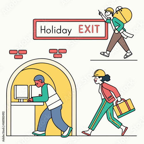 Vector illustration of People heading towards the Holiday Exit, one with a child on their back