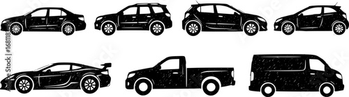 sketched Car silhouette icon set, front and side view, vehicle shape design, automobile vector collection, transportation illustration, black car outline graphics