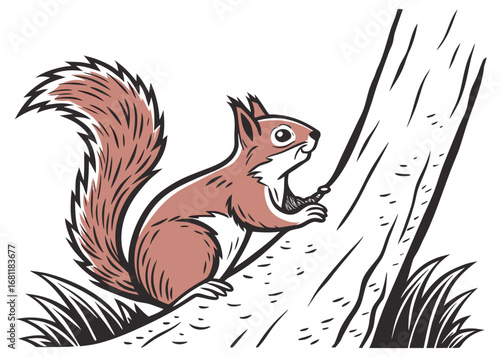 Cute cartoon squirrel climbing a tree and eating a nut
