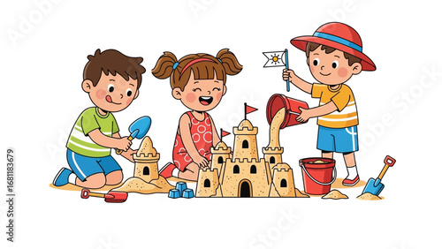 Playful Creations: Three cheerful children collaborate enthusiastically on a sandy beach, building a magnificent sandcastle under the sun.