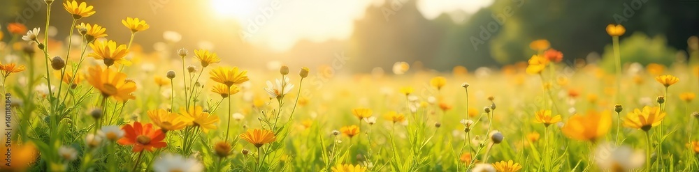 Obraz premium A cheerful, sun-drenched field of wildflowers swaying gently in the breeze, promising a joyful, carefree adventure , carefree, outdoors, potential