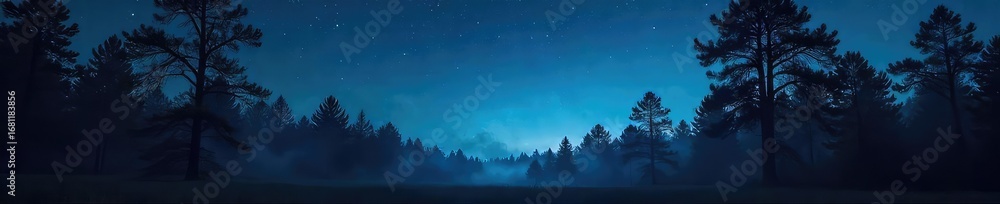 Obraz premium A cinematic backdrop of a mysterious, dark forest at night, silhouetted trees against a starlit sky, perfect for film noir or fantasy projects , background, moody
