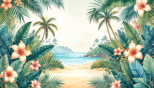 Tropical beach with palm trees and sunset. Island paradise with tropical plants and sand. Seaside view with vibrant tropical landscape. Tranquil beach surrounded by lush palms. Sunset beach scene 