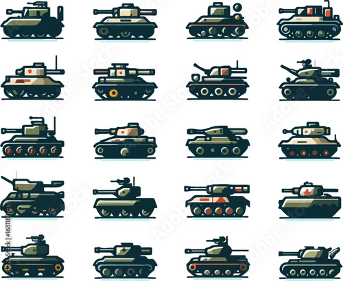 Retro Pixel Art Tanks Collection – 8 Bit Army Combat Machines, Military War Vehicles, and Battle Tank Sprites for Gaming and Animation