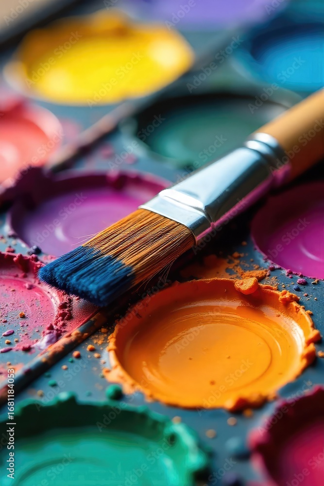 Obraz premium A close-up shot of a paintbrush resting on a vibrant, colorful palette, ready for artistic creation The bristles are slightly splayed, hinting at recent use , visual art, artist