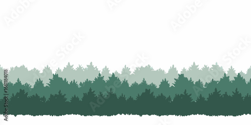 Layered silhouette of evergreen trees in varying shades of green against a white background