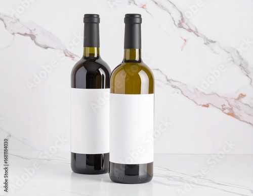 Two wine bottles stand on a marble surface, one red and one white, with blank labels ready for branding in a minimalist and elegant style.
