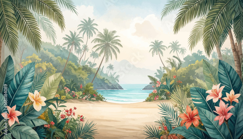 Bright tropical scene with clear waters. Exotic beach path leading to ocean view. Lush paradise path with tropical flora. Gorgeous tropical coastal landscape. Calm tropical beach with colorful plants