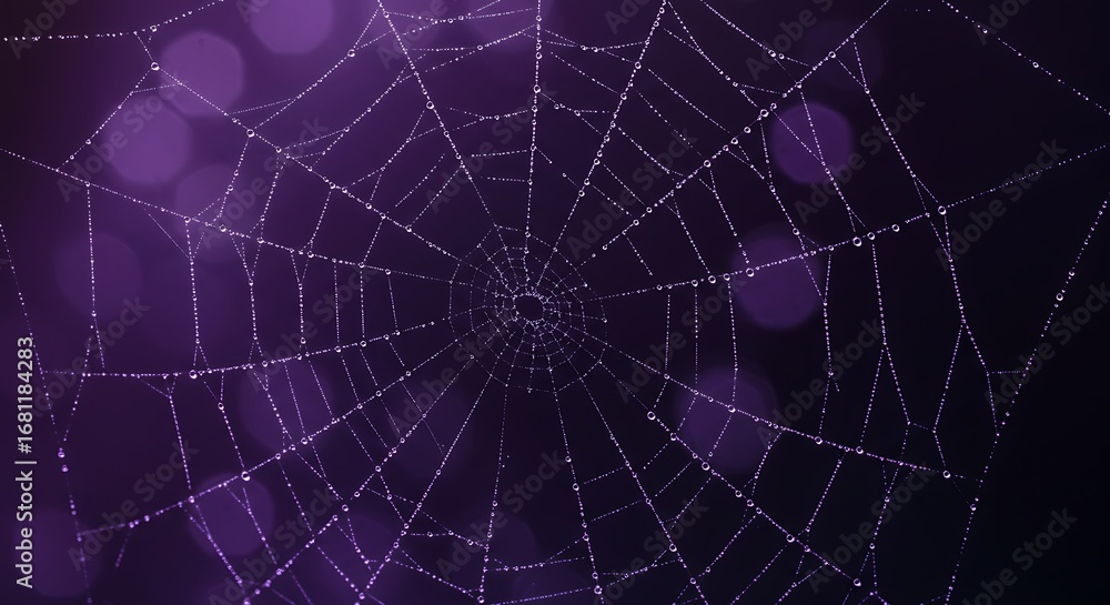Fototapeta premium A spiderweb covered in water droplets against a dark purple and black bokeh background at night time