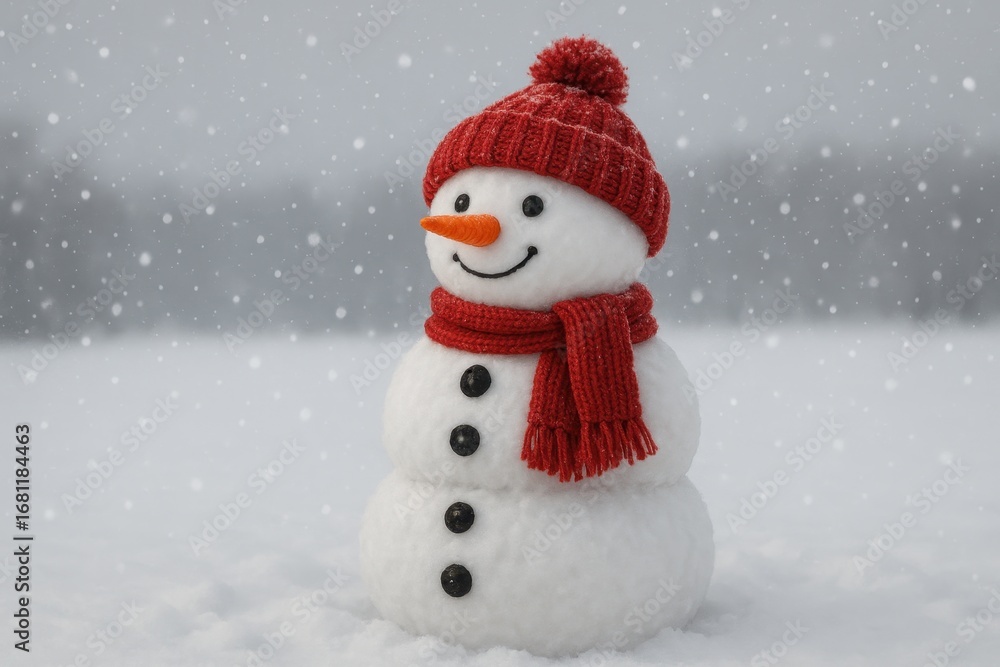 Fototapeta premium Cheerful snowman with traditional carrot nose and winter hat standing in snowy landscape under falling snowflakes