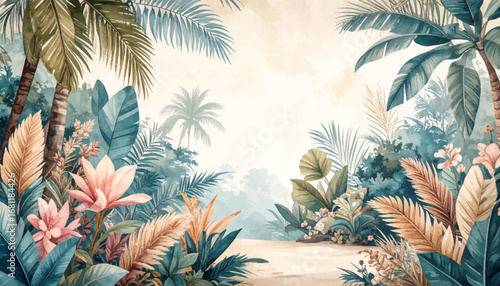 Elegant floral design with tropical plants. Peaceful botanical artwork for decor. Serenity in a tropical garden scene. Tropical botanical background artwork. Modern jungle illustration with flowers