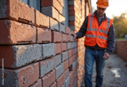 Wallpaper Mural Man inspects a brick wall at a construction site. Torontodigital.ca
