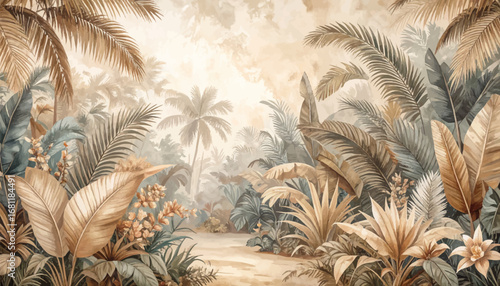 Tropical palm leaf pattern wallpaper. Botanical jungle tropical wall art. Soft pastel jungle leaves with flowers. Elegant tropical flora design artwork. Vintage botanical tropical art print