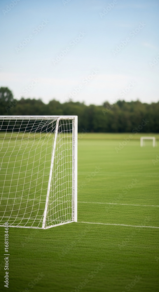 Fototapeta premium Close-up of soccer goal net and green field, showcasing a sports field scene, representing athletic competition and outdoor activity