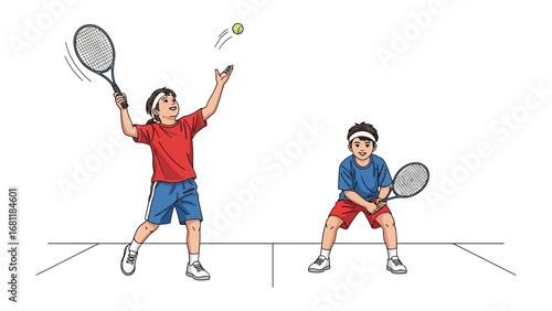 Tennis Match: Two young athletes engaged in a thrilling tennis match, the energy and spirit of the game leap from the court. capturing the dynamism of sport and athleticism, embodying a story of play.