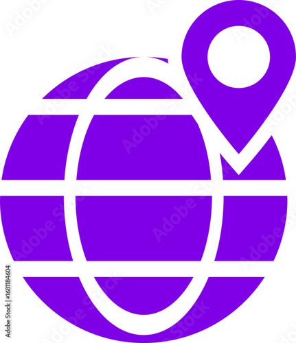Globe with Location Pin Icon in Purple and White Color.