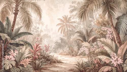 Calm neutral tropical plant backdrop. Subtle tropical leaves in beige tones. Retro floral tropical print for decor. Elegant tropical leaves in soft hues. Gentle pastel tropical nature wallpaper