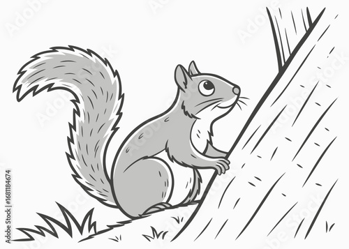 Cute cartoon squirrel climbing a tree trunk with a fluffy tail
