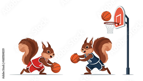 Squirrels' Basketball Duel: Two athletic squirrels compete in a basketball game, displaying skill and friendly rivalry in a vibrant and energetic illustration.