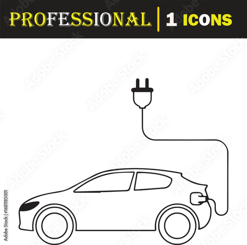 Vector art of outline illustration of an electric car plugged into a charging station, symbolizing sustainable transportation and ecofriendly energy