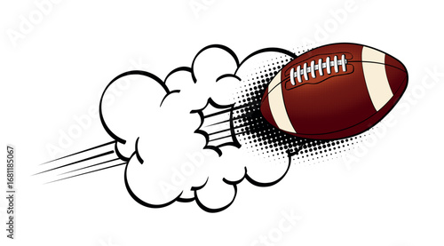 American Football or Rugby ball flies through the cloud. Vector in comic style on transparent background