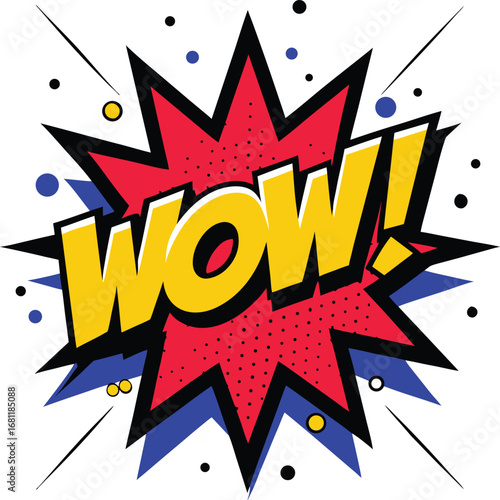 Vibrant comic book style explosion graphic featuring the word wow in bold yellow letters against a red starburst with blue outline and scattered dots