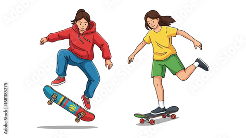 Dynamic Skateboarding Duo: Two youthful skateboarders showcase their skills, capturing moments of energy, movement, and excitement. Perfect for illustrating action, athleticism.