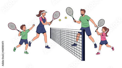 Family Tennis Fun: A joyful family enjoys a sunny day playing tennis together, volleying across the net with enthusiasm, embodying a heartwarming scene of leisure and togetherness.
