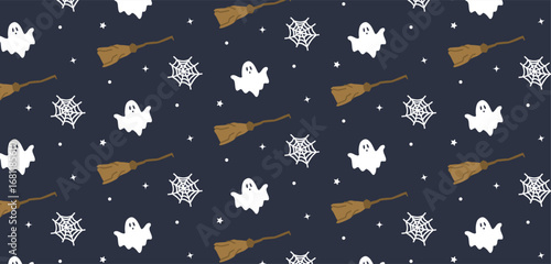 Halloween Pattern with Ghosts and Brooms