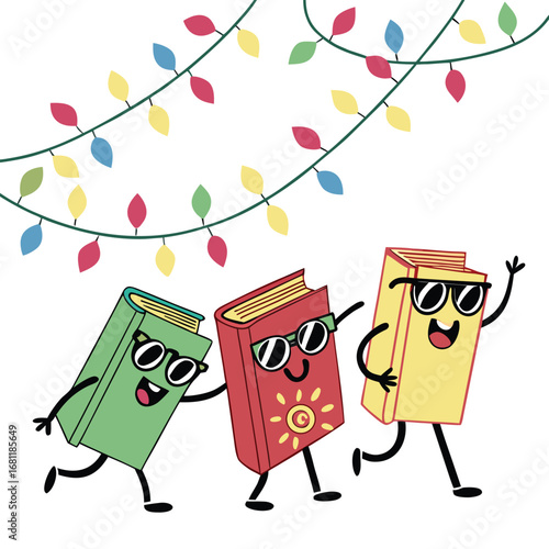 Vector illustration of Three anthropomorphic books wearing sunglasses and dancing under festive