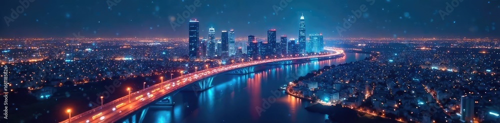 Naklejka premium A futuristic cityscape at night, illuminated by interconnected nodes of light representing advanced digital connectivity and innovative infrastructure , lines, lights