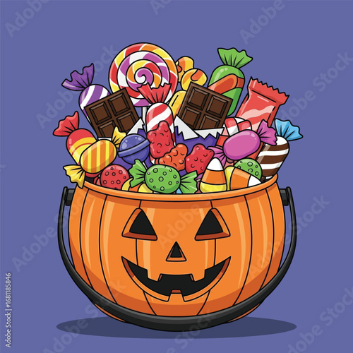 Halloween pumpkin bucket full of candy
