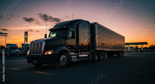 American transport truck at twilight resting on a parking, cinematic view