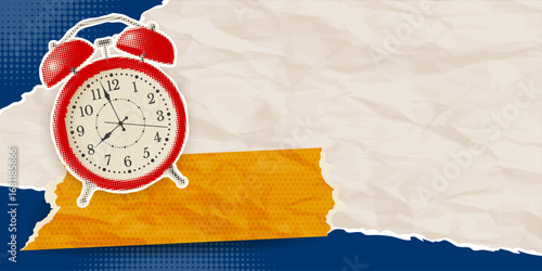Collage in retro style, advertising banner background with halftone effect and place for text. Ringing red alarm clock, cut from a newspaper or magazine, crumpled paper. Vector illustration