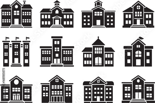 School buildings silhouette set
