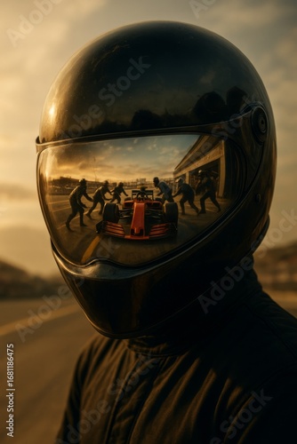 Close-up of Formula 1 pit crew helmet with dramatic visor reflection of race car entering pit lane, cinematic motorsport scene with high detail and dynamic atmosphere